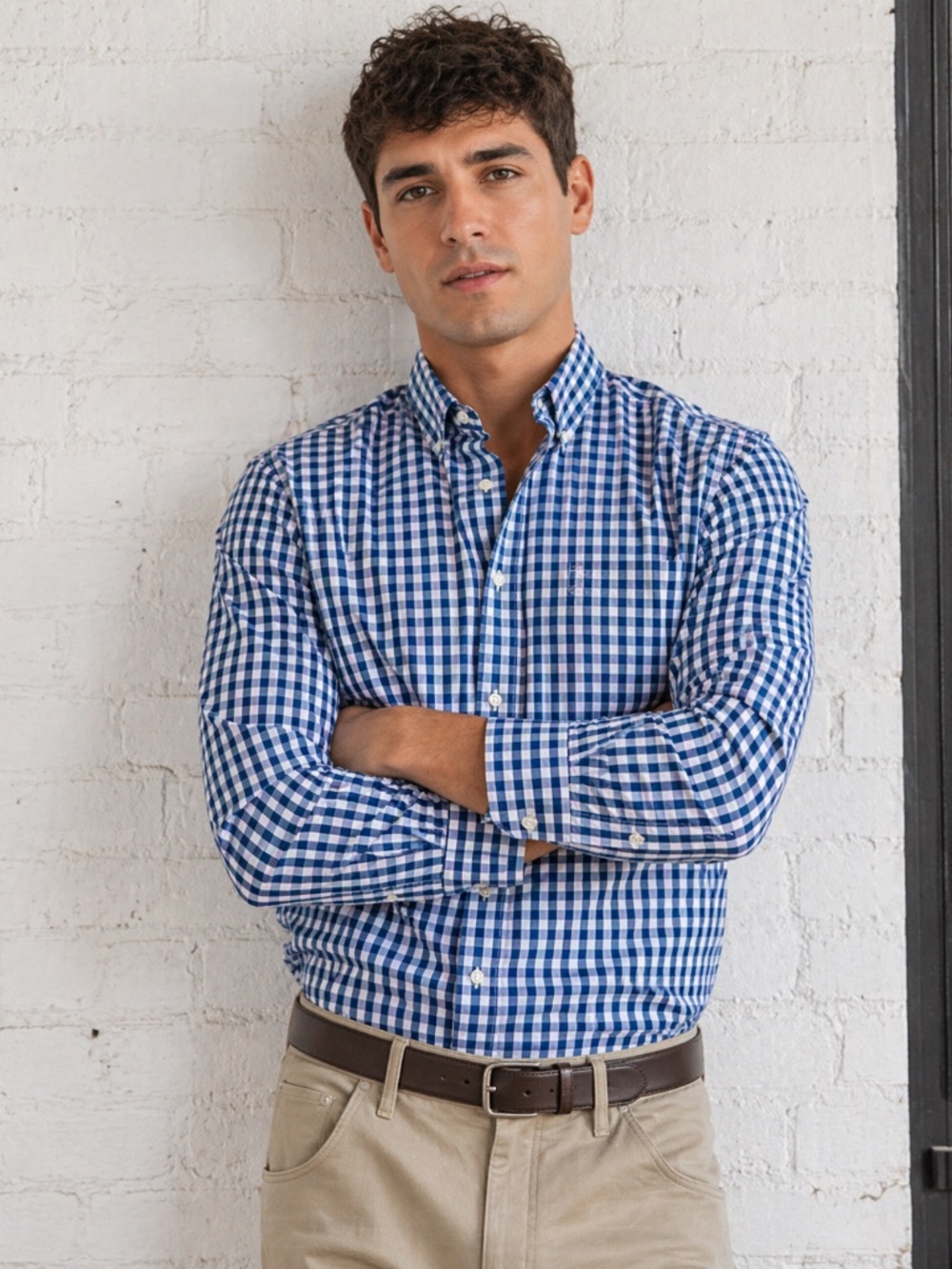 Smart Casual Blue Gingham Cotton‎ Button Down Shirt Classic Fit Long Sleeve